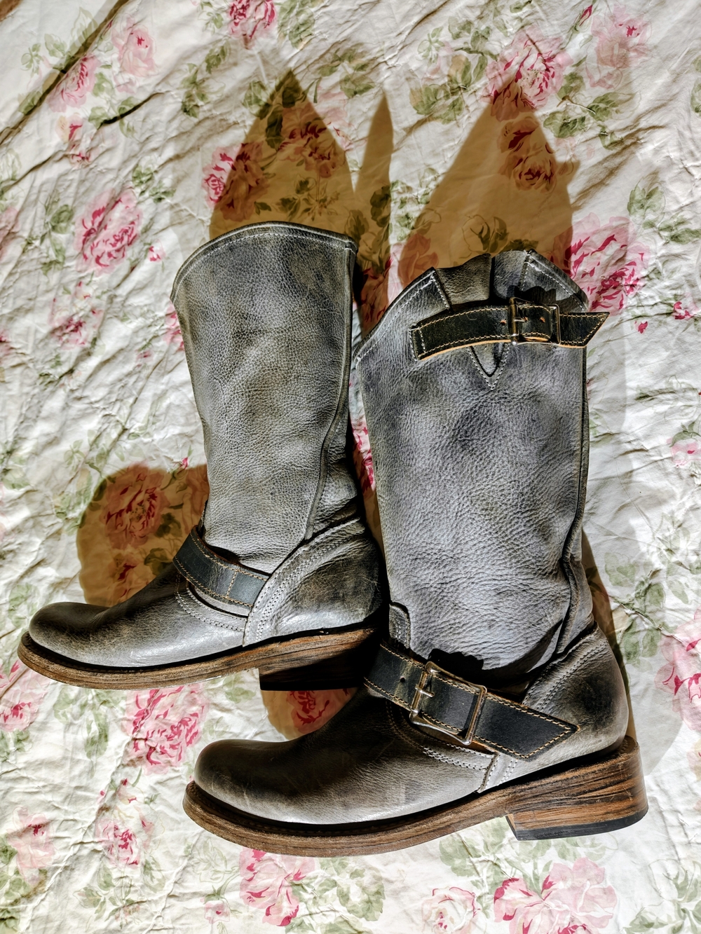 freebird Crosby Distressed Gray Leather Engineer Boots with Buckle Strap 9
